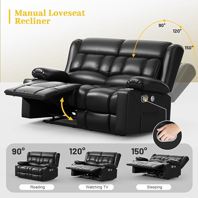 FURNIMAT New Loveseat Recliner Sofa, 2 Seater Reclining Loveseat Sofa, PU Leather Dual Recliner Chair, Modern Loveseat Couch for Living Room, with Cup Holder and USB Ports, Black