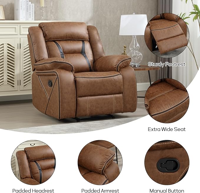 EBELLO Faux Leather Manual Recliner Chair, Modern Design Single Reclining Sofa Chair with Comfortable Armrest and Backrest, Furniture for Living Room, Bedroom, Brown