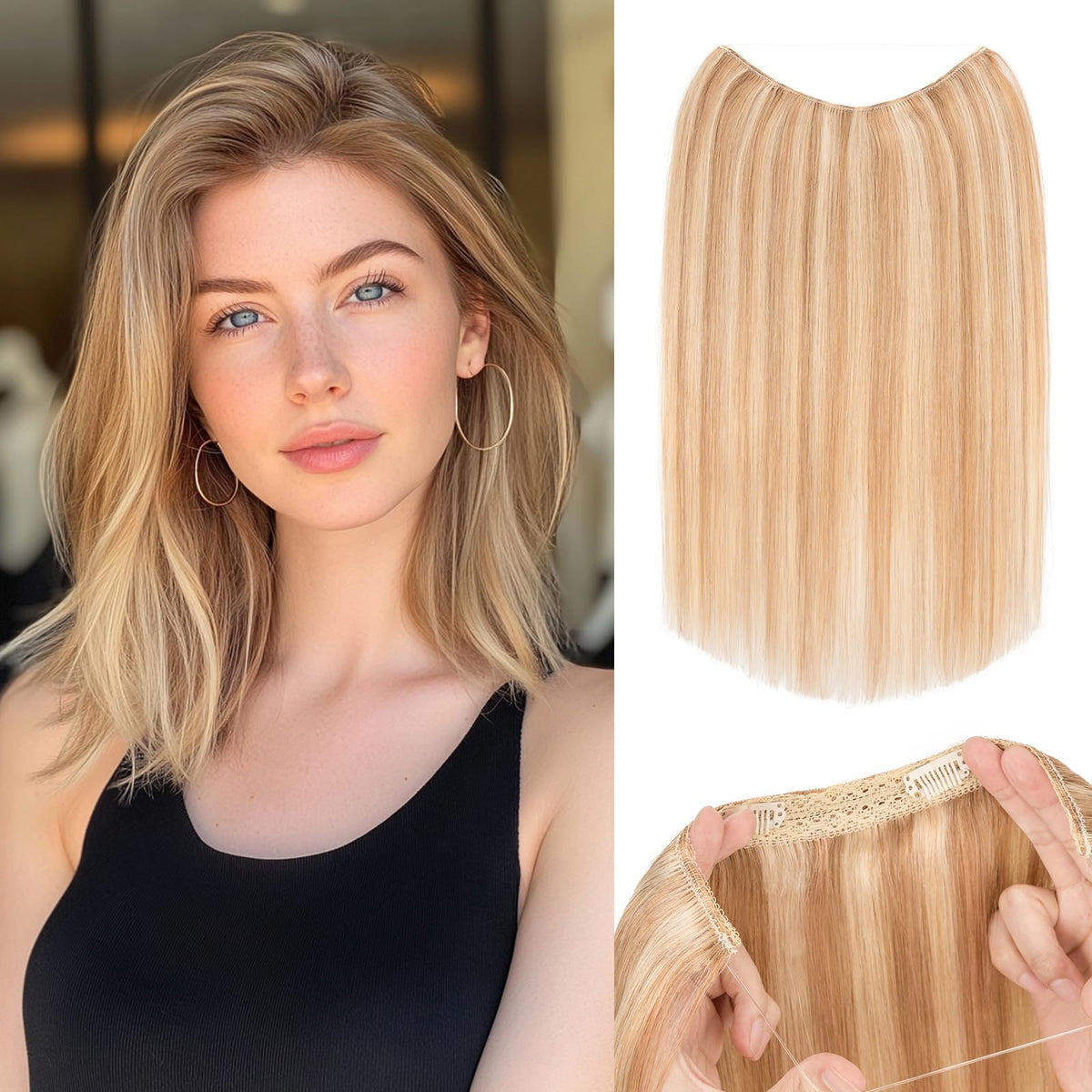 S-noilite Halo Hair Extensions Real Human Hair 12inch Short Straight Halo Hair Extensions for Women Adjustable Golden Brown/Blea