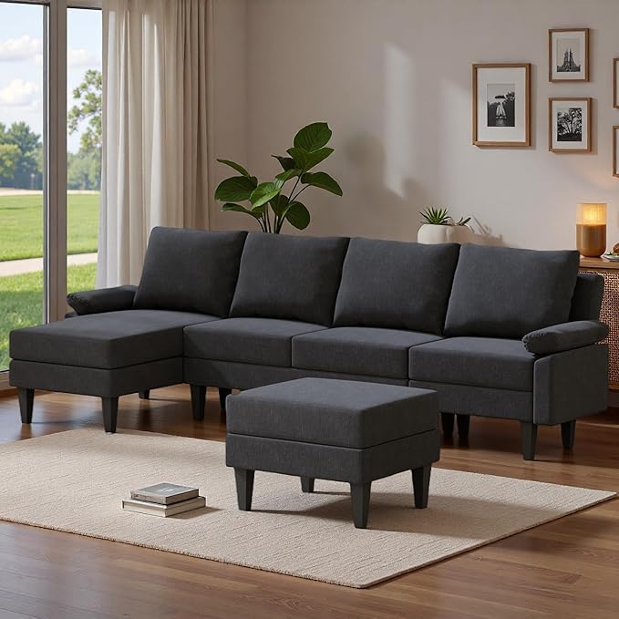 Topcomfy U-Shaped Sectional Couches for Living Room, Convertible 4 Seat Modular Sectional Sofa Set with Ottoman, Modern L Shaped Couch with Chaise for Bedroom Apartment and Office, Chenille Black