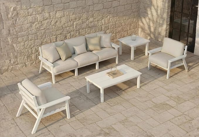 Patio Kingdom 7 Piece Patio Conversation Sets, Outdoor Couch with Washable Thick Beige Cushions, HDPE Patio Furniture Set, Outdoor Sectional Furniture for Backyard, Deck, Lawn, Porch (White Frame)
