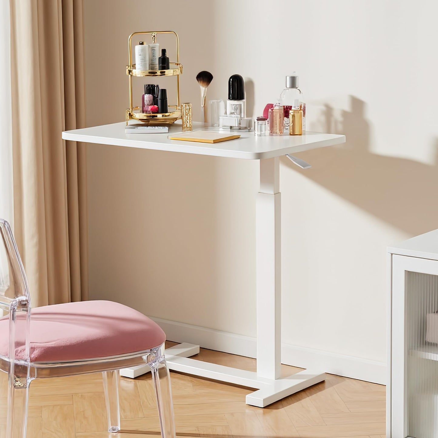 Simple Deluxe Overbed Bedside Table with Hidden Casters, Adjustable Pneumatic Mobile Laptop Computer Standing Desk, Rolling Laptop Table, Movable Overbed Table Hospital Home Use, White