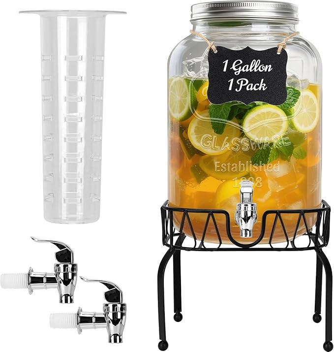 Glass Beverage Dispenser with Stand and Lid, One Pack-2 Gallon with Spigot - Glass Drink Dispensers for Parties, Wedding, ...