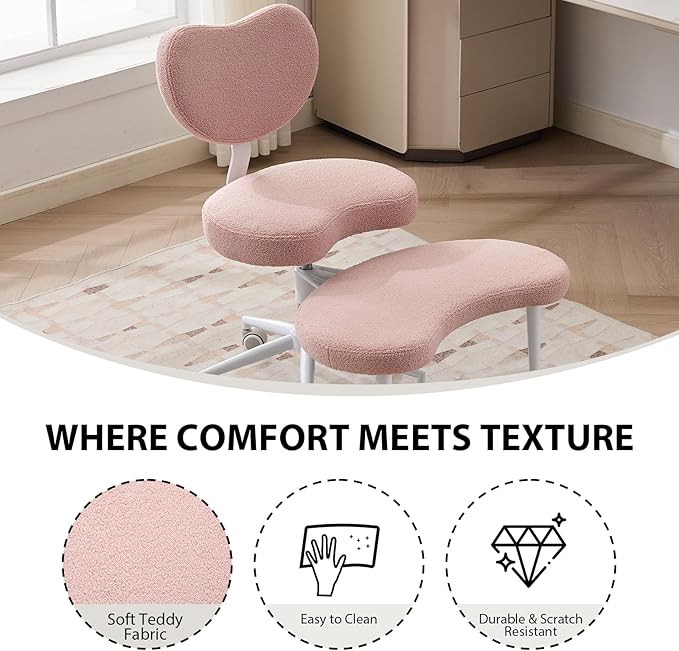 Cross Legged Office Chair with Wheels–360°Swivel Meditation Chair, Adjustable Height Yoga Office Chair for Adults, Ergonomic Kneeling Chair with Back Support for ADHD, Teddy Fabric, Pink
