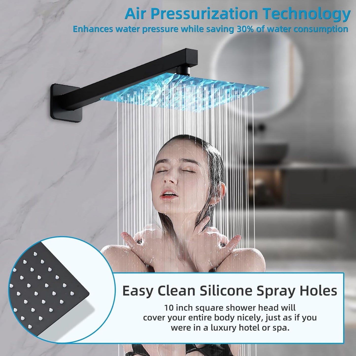 RTTWYYUU Matte Black Shower Faucet 12 Inch Set with Tub Spout, Shower Head and Handle with 2 Hooks Rain System Square Wall Mount for Bathroom