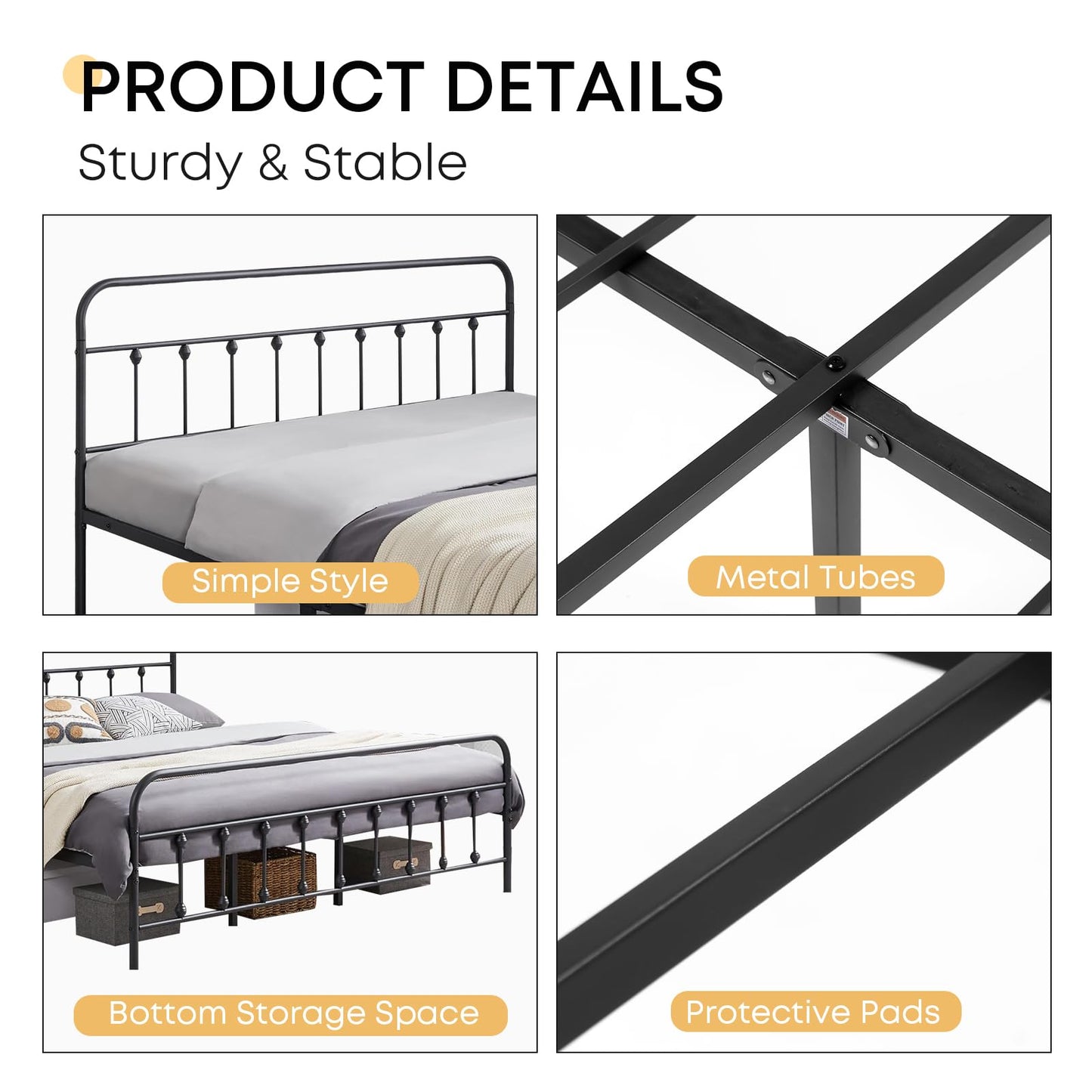 Chuangshuo Guard Queen Bed Frame-Classic Metal Platform Bed Frame Mattress Foundation with Victorian Style Iron-Art Headboard/Footboard/Storage Space/No Box Spring Needed/Black