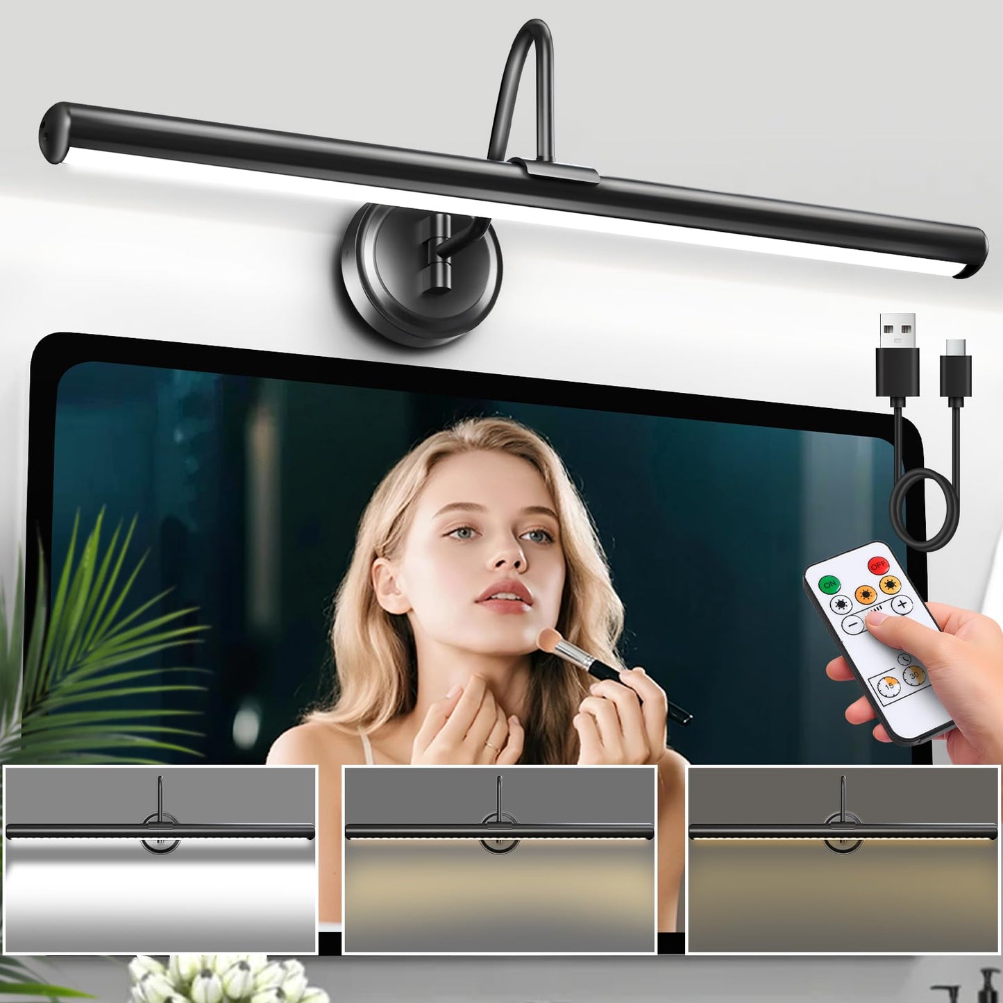 Battery Operated Vanity Light, Magnetic Mount Makeup Mirror Light Bar with Remote, Dimmable 3 Color Temp Timer, 22.8 Inch for Bathroom Bedroom Dressing Table