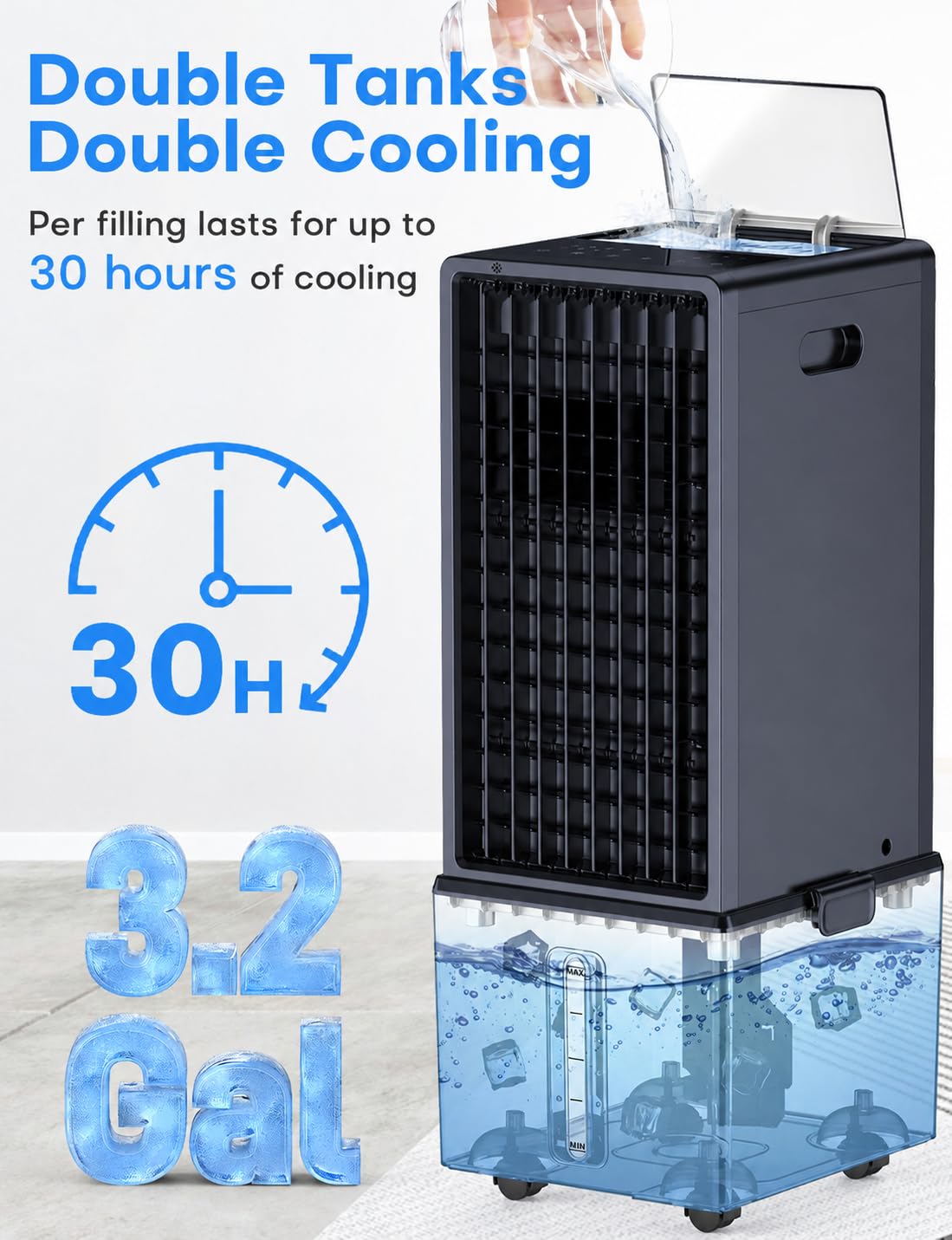 COOLECH 4-IN-1 Windowless Air Conditioner w/ 3.2-Gal Tank for 30H Cooling, 4 Wind Speeds & 4 Modes, Waterless Alert System, LED Touch Screen & Remote, 12H Timer, Swamp Cooler Air Conditioner for Room