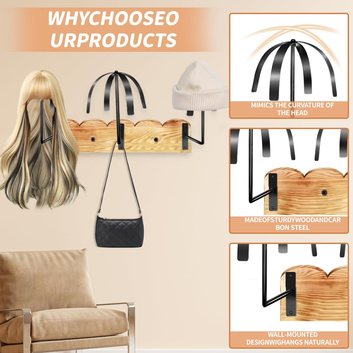 CMXZSAM Hanging Wig Holder for Multiple Wigs, 6 Pcs Wall Mounted Wig Stand Hanger, Wave Shape Wig Storage organizer Rack Suitabl