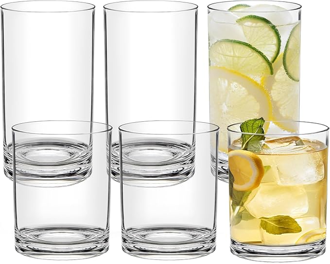 RÉΑLWÁY Acrylic Drinking Glasses Set of 6 - Clear Unbreakable Plastic Cups Reusable for Kitchen, Poolside & Patio - Shatte...