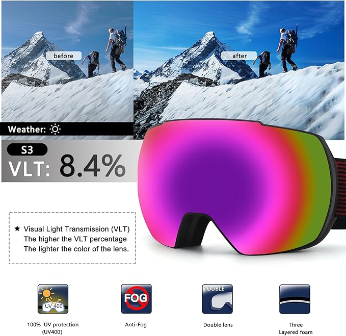 OULAIQI OTG Ski Goggles UV400 Anti-Fog Snowboard Glasses for Men Women Youth- Perfect for Skiing, Snowboarding,Winter Sports