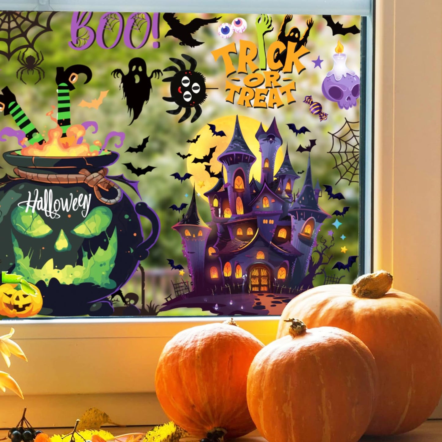 FCZon Star 9 Sheets Halloween Window Clings Decals for Party Decoration, Reusable Double Side Halloween Window Stickers, Indoor & Outdoor Home Decor,Ghosts, Pumpkins, Bats and Other Elements