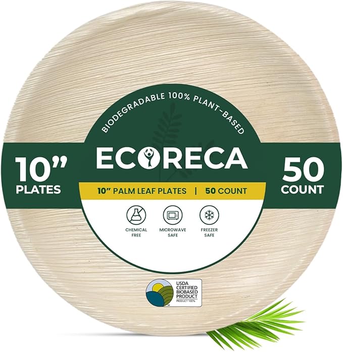 50-Pack Biodegradable Palm Leaf Dinnerware Set | 10-Inch Round Plates |Eco-Friendly and Microwave Safe | Disposable Party Plates, BBQ | Weddings & Catering | Camping Essentials.