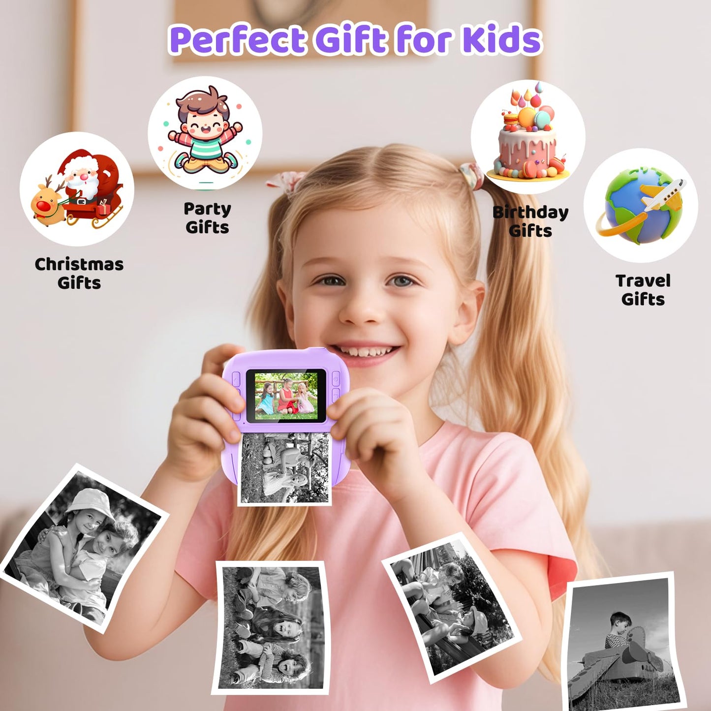 Instant Digital Camera for Kids, Kids Camera Instant Print, 48MP Toddler Digital Camera 1080P HD Video Toys Camera Gift Idea for Girls Boys 3-12(Purple)