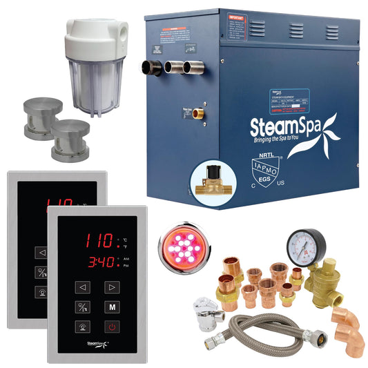 SteamSpa 12kW Steam Sauna Generator Executive Bundle 240V Steam Generator with Touch Pad, Steamheads, Pressure Relief Valve, Built-in Auto Drain, LED Light, Filter and Quick Install Kit EXT1200BN-A