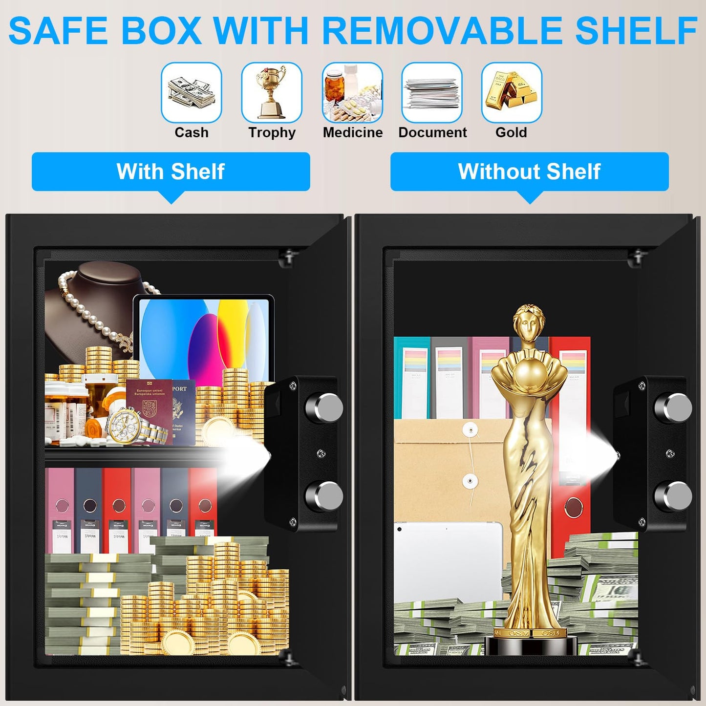 3.3 Cuft Large Fireproof Safe for Home, Home Safety Box Fireproof Waterproof with Electronic Keypad and Spare Keys, Anti-theft Digital Security Safe for Money Firearm Medicine Valuables