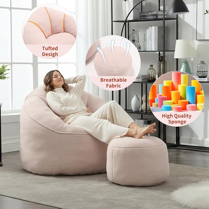 Bean Bag Chairs, Gaint Bean Bag Couch with Memory Foam for Adults and Kids, Microfiber Upholstered Sofa with Ottoman, Comfy Lazy Bean Bag Reading Chair for Living Room