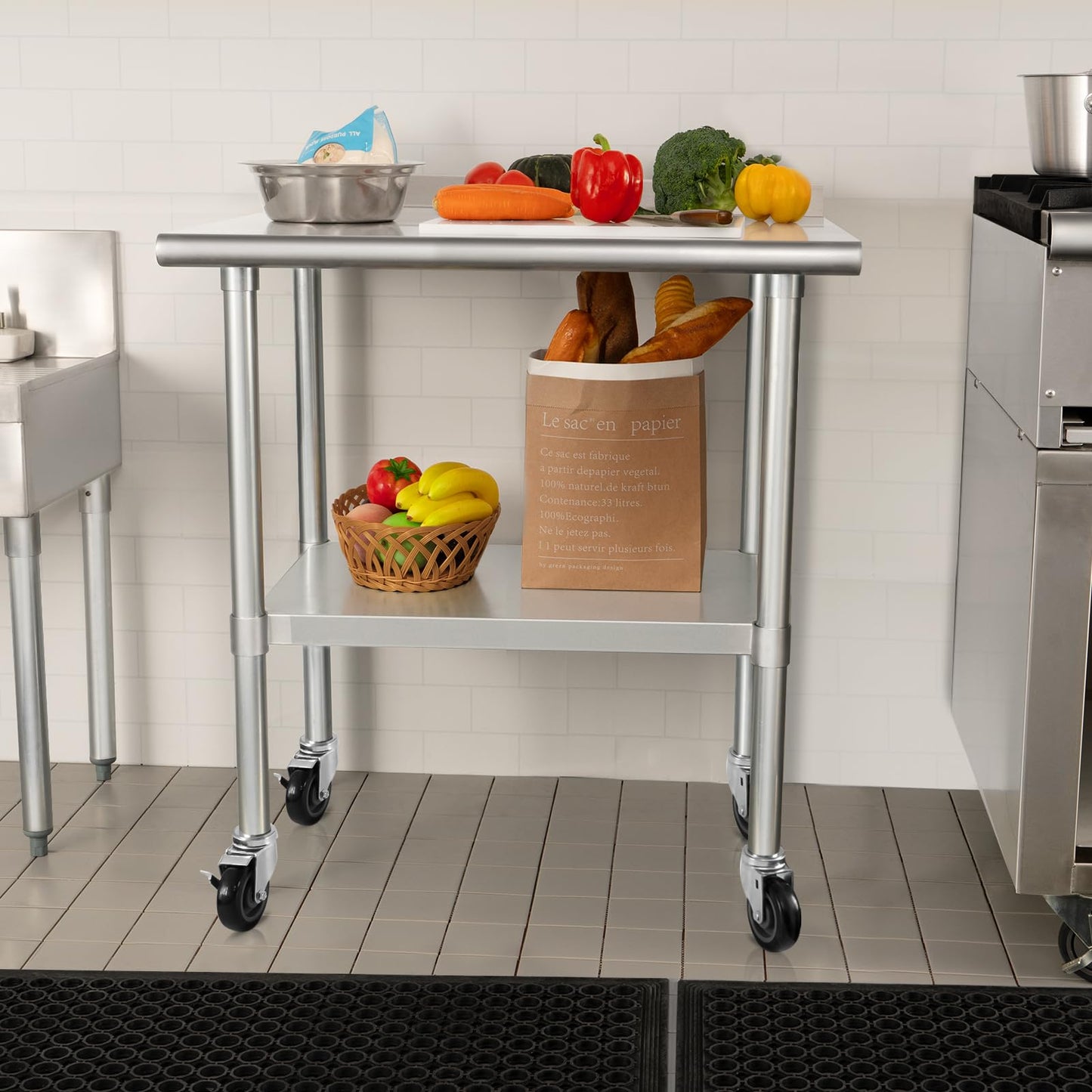 HARDURA Stainless Steel Table 24 x 30 Inches with Wheels Casters NSF Heavy Duty Commercial Prep Table with 2” Backsplash and Adjustable Undershelf for Restaurant Kitchen Home and Hotel