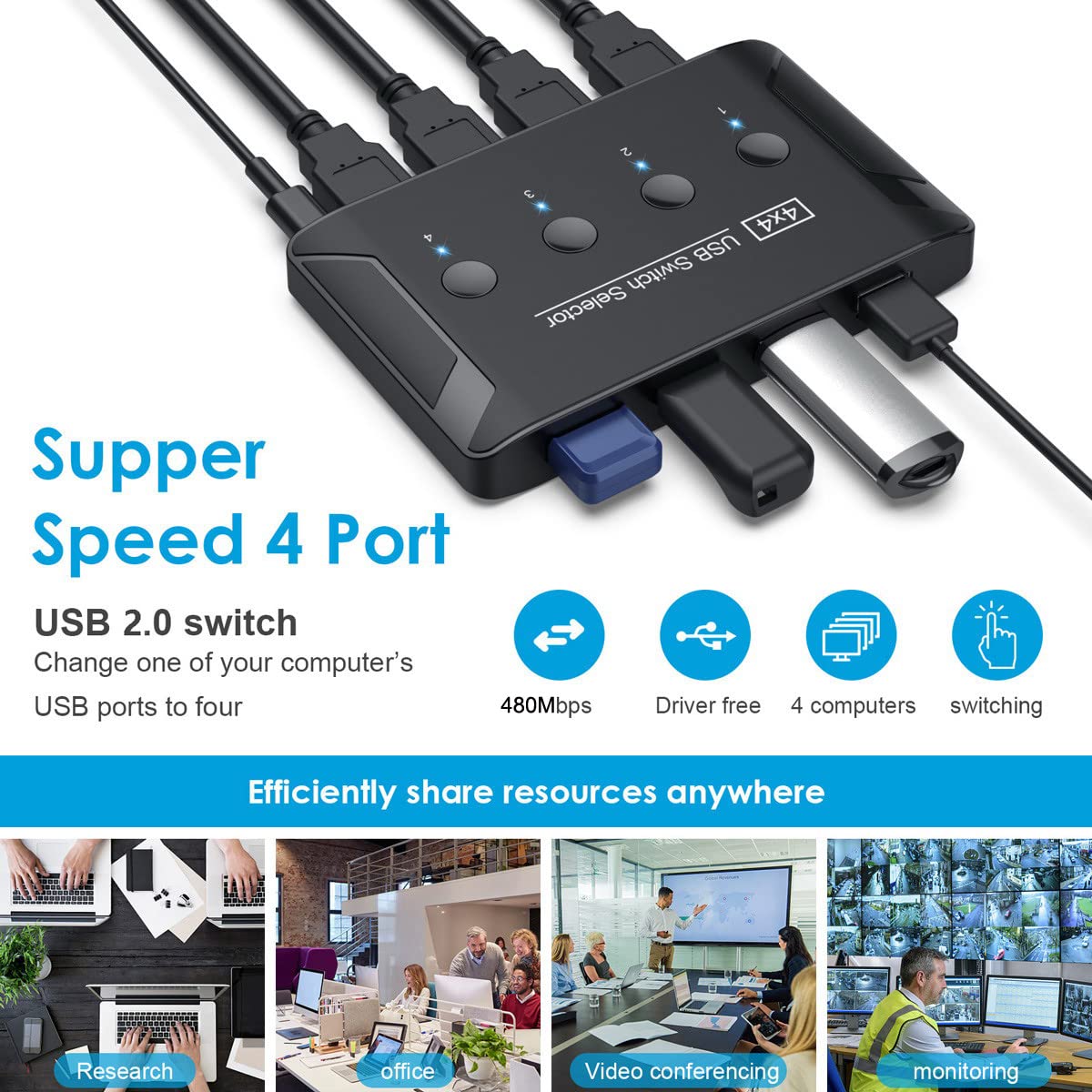 Chenyang Usb 2.0 Hub Kvm Switch Selector 4 Port Pcs Sharing 4 Devices For Keyboard Mouse Scanner Printer