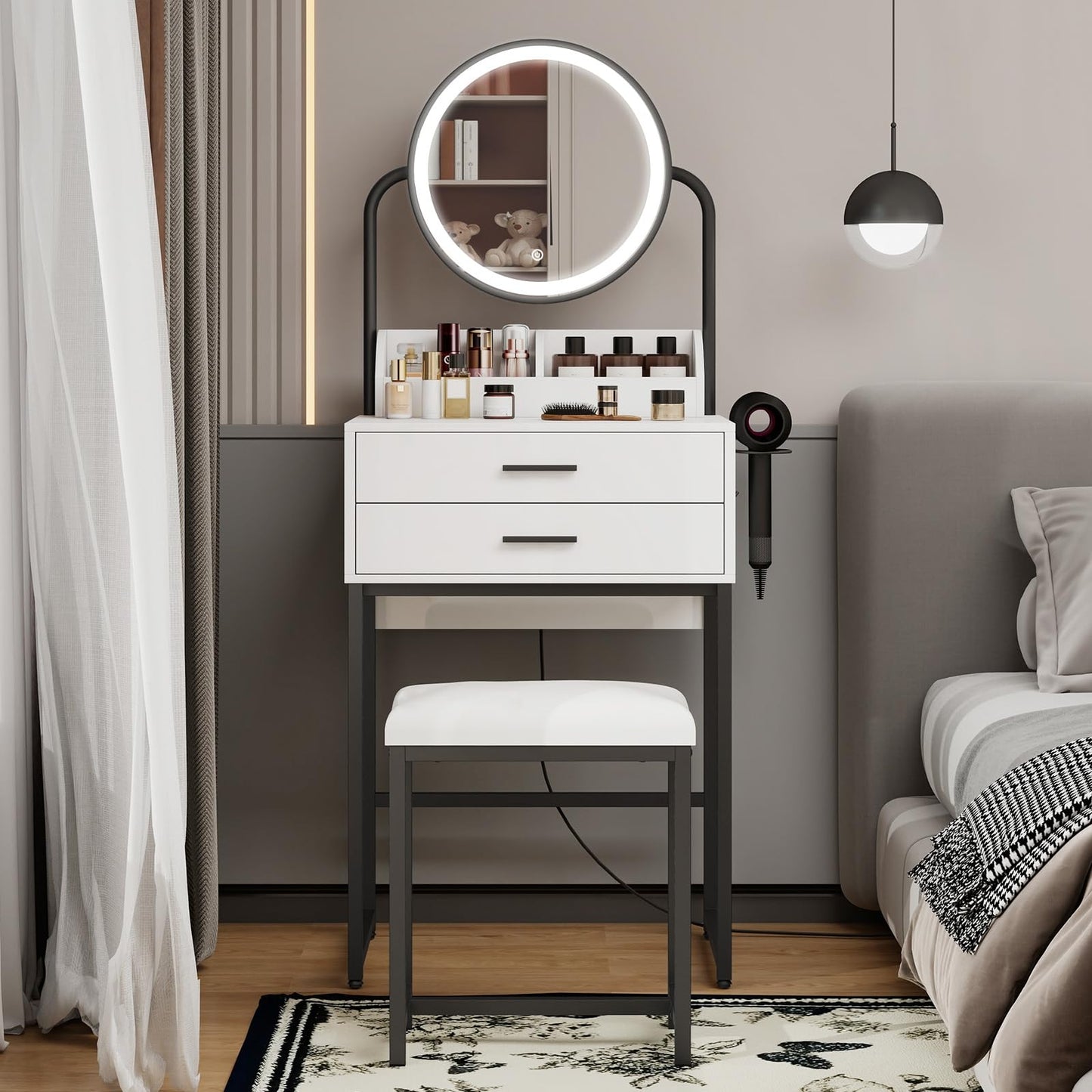 ARTETHYS Small Vanity Desk with Mirror and Lights Compact Makeup Vanity Set with Drawers for Bedroom Mini White Modern Dressing Table with Stool