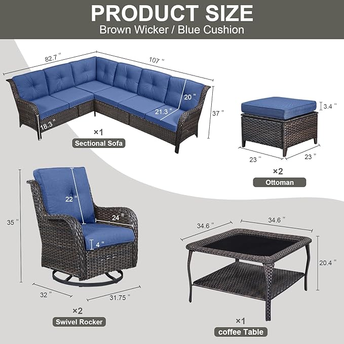 Belord Outdoor Furniture Sectional Sofa L Shaped Couch - Patio Wicker Set with 2 Swivel Glider Chairs, 8 Piece Rattan Patio Conversation Sets with Blue Cushion for Deck Backyard Sunroom