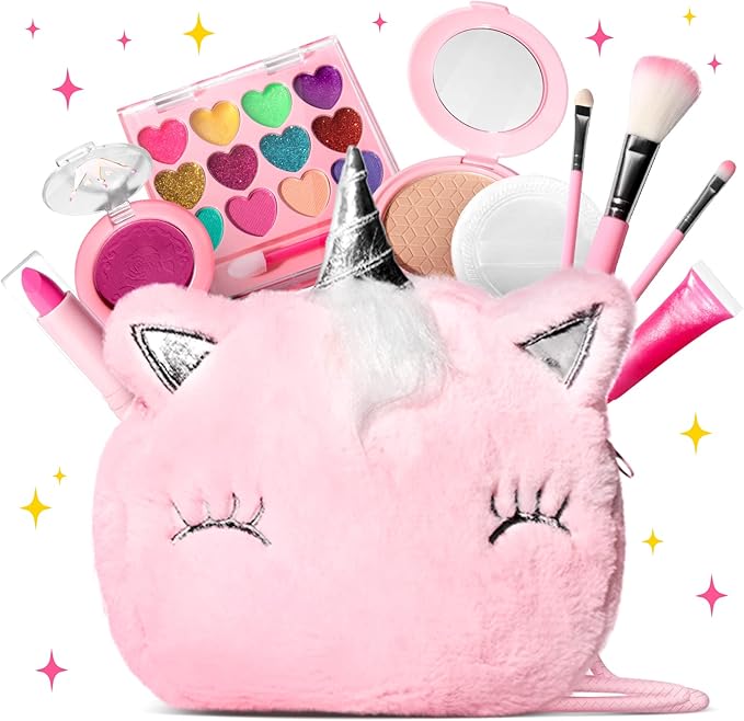 ULOVEME Kids Real Makeup Kit for Girls with Fluffy Purse - Real, Non Toxic, Washable Make Up Toy - Umicorn Toys Gift for 3...