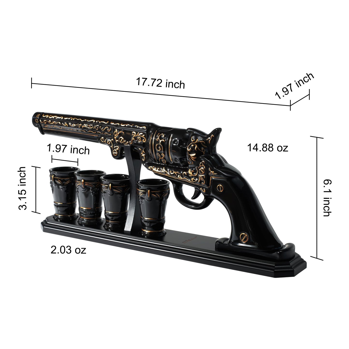 Gifts for Men Dad Hand Painted Pistol Gun Whiskey Decanter Set & Shot Glass - Black & Gold & 4 Bullet Shots - Unique Birthday Fathers Day - Gift for Brother, Cool Anniversary Present Him Husband