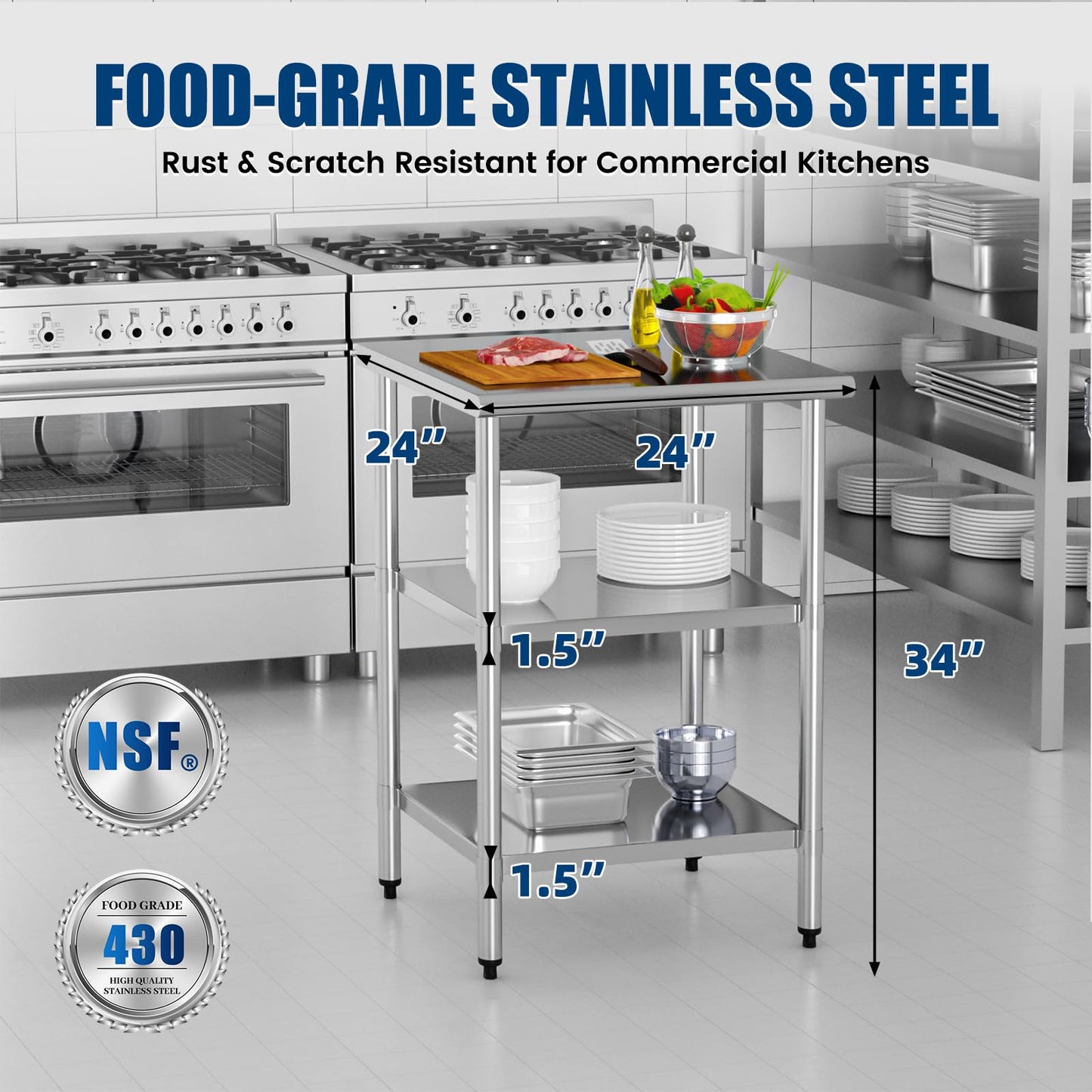 Stainless Steel Work Table 24 x 24 Inch with 2 Adjustable Undershelves, Heavy-Duty Metal Prep Table for Commercial Kitchen & Restaurant, Garage, Outdoor