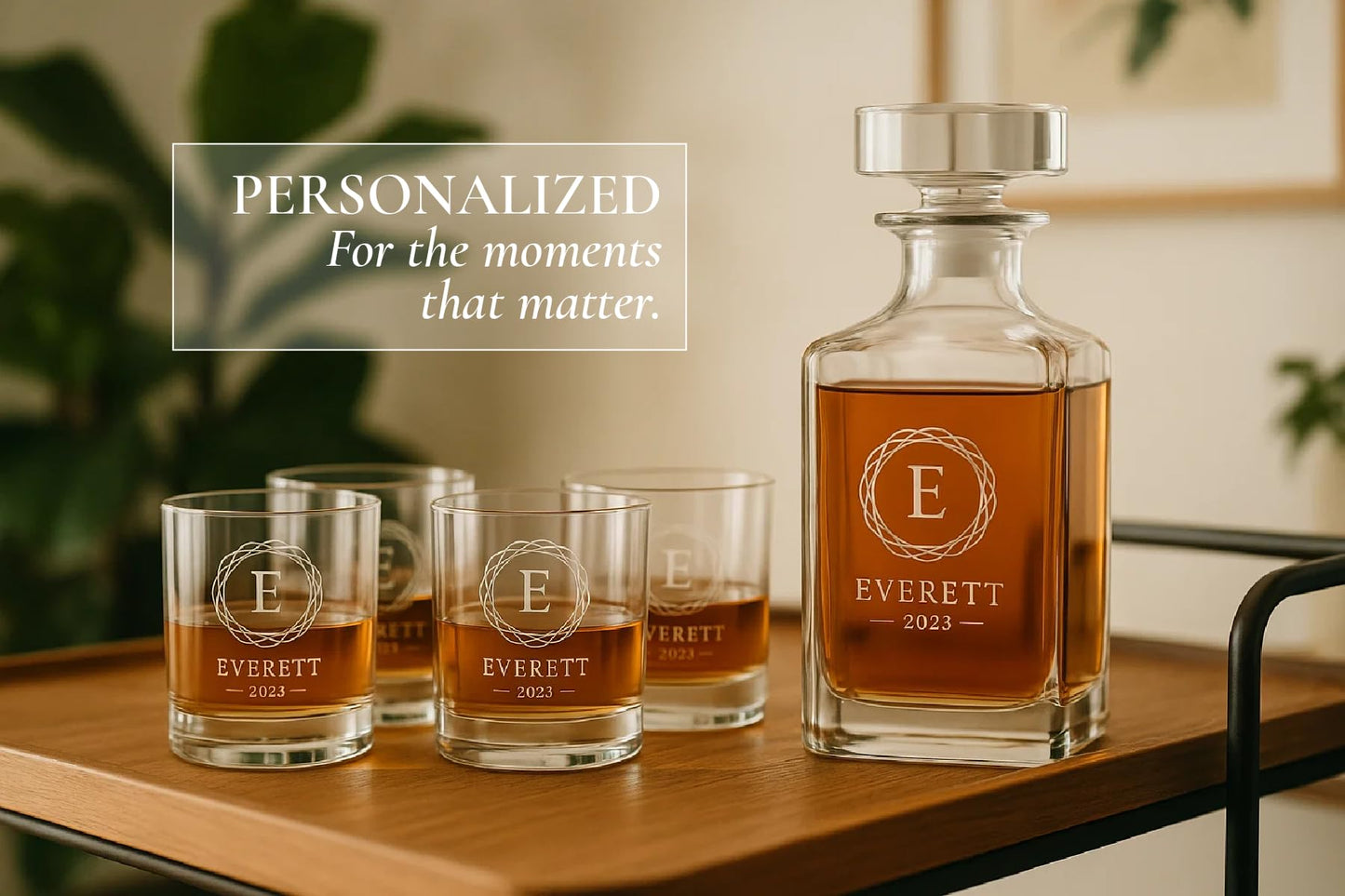 Personalized Whiskey Decanter & Glassware Gift Set – Custom Monogram Decanter with Rocks Glasses & Coasters – Premium Lead-Free Glass – Gift for Men, Groomsmen, Father’s Day, Retirement
