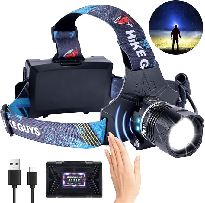 LED Rechargeable Headlamp, Headlight 1500 Lumens Super Bright with 6 Modes & IPX5 Warning Light, Motion Sensor Adjustable ...