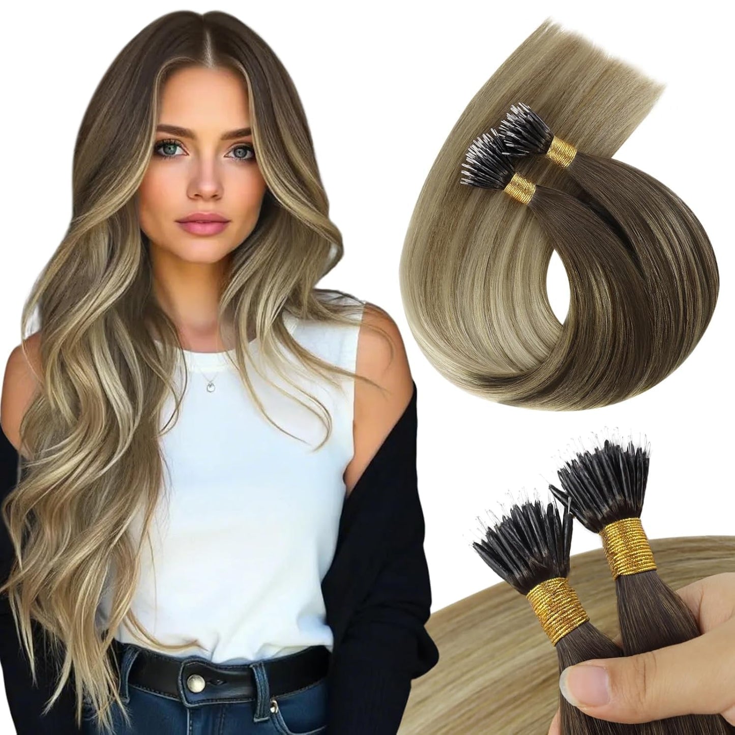 Sunny Hair Ombre Nano Bead Hair Extensions Balayage Nano Extensions Human Hair Brown Balayage Light Blonde Nano Ring Hair Extens
