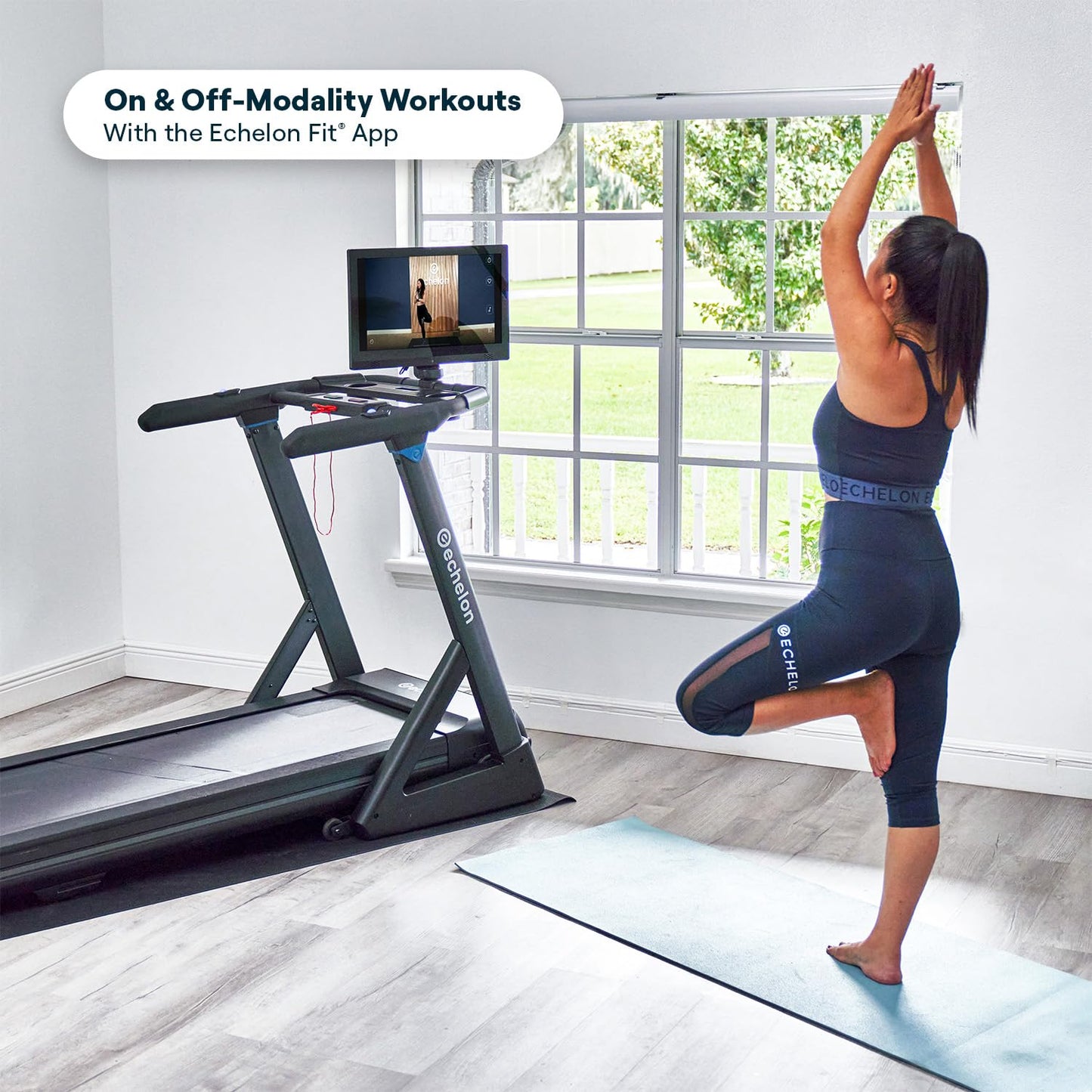 Echelon Stride 4S+22 Treadmill | 22” HD Touchscreen, 3.0 CHP Brushless Motor, 10% Incline, Foldable Home Gym, Heart Rate Sensors, Device Tray, Water Bottle Holders
