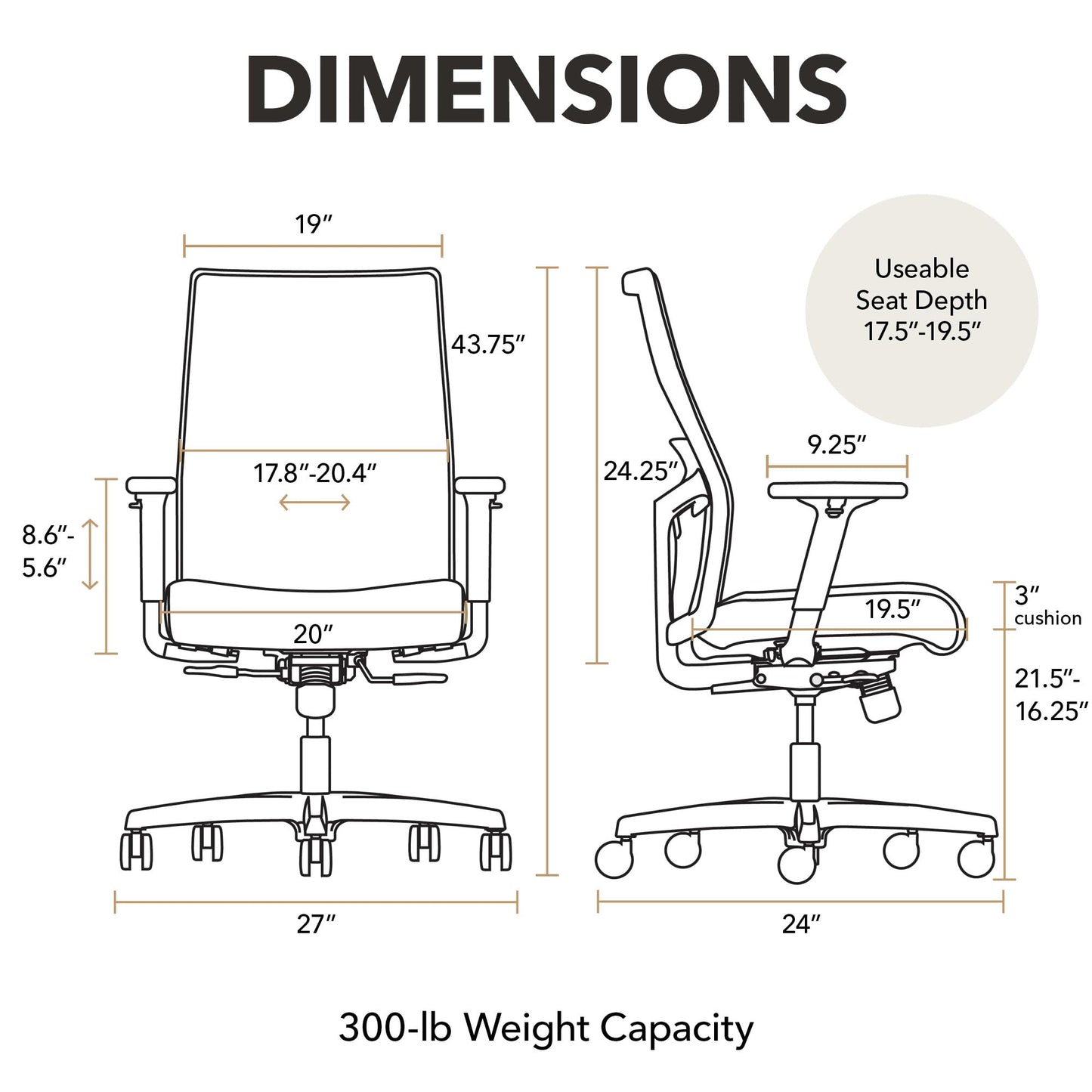 HON Ignition 2.0 Mid‑Back Ergonomic Office Chair, Mesh Task Desk Chair with Lumbar Support, Standard Synchro‑Tilt, Height and Width Adjustable Arms, Black Frame, Black