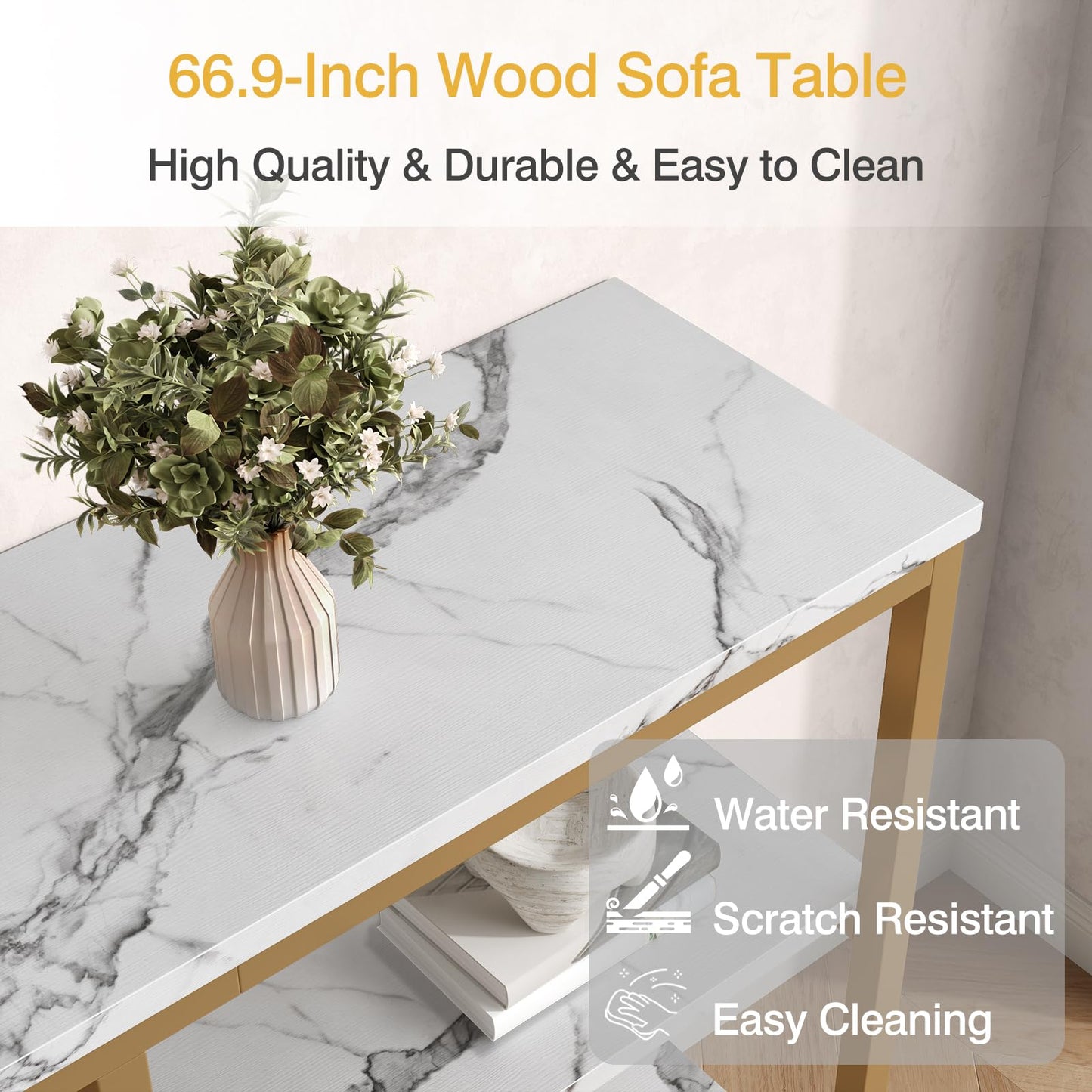 Tarnorci Modern Console Table, 3-Tier Entryway Table with Storage Shelf, 66.9‘’ White Wood Living Room Furniture Bright Decor, Hallway Table for Behind Couch (White+Champagne Gold)
