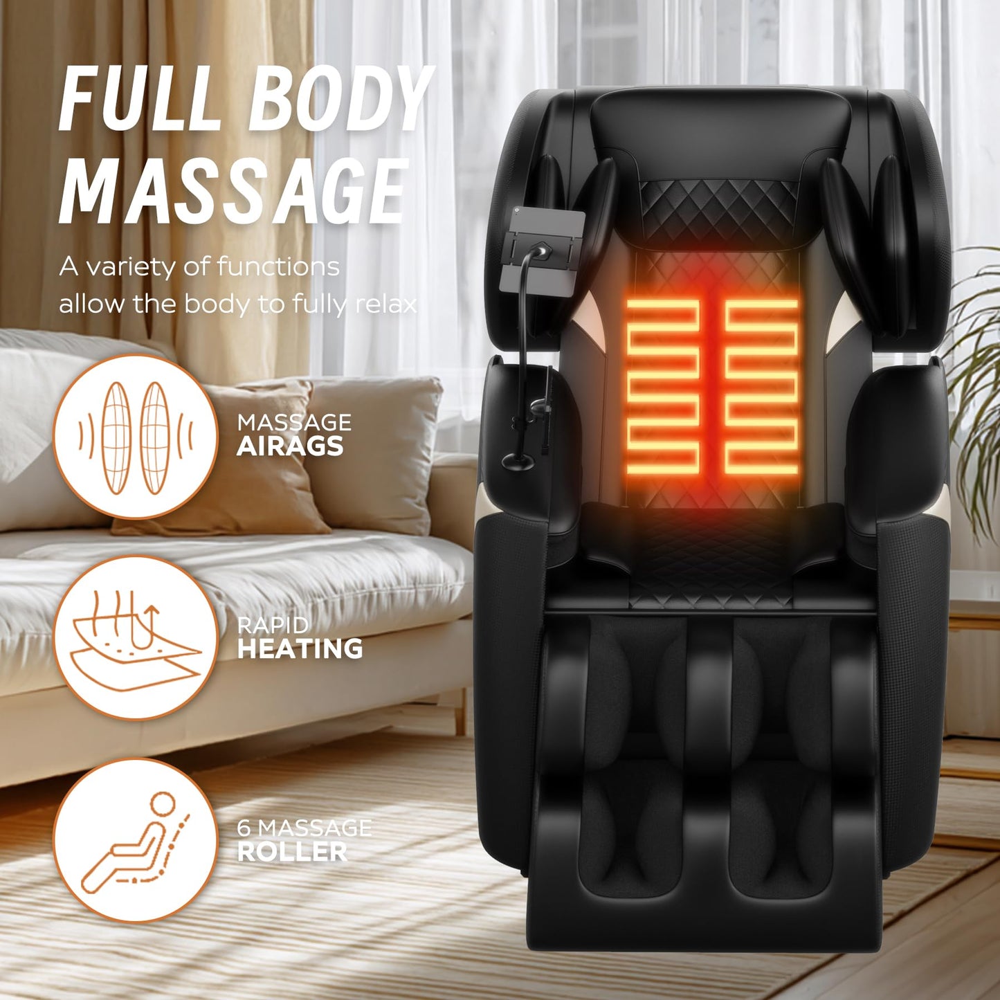 Full Body Massage Chair Recliner with Zero Gravity, Air Pressure Compression System, Heated Waist and Legs, Adjustable Footrest, Automatic Modes, Easy Setup Relaxation Seating for Home Office, Black