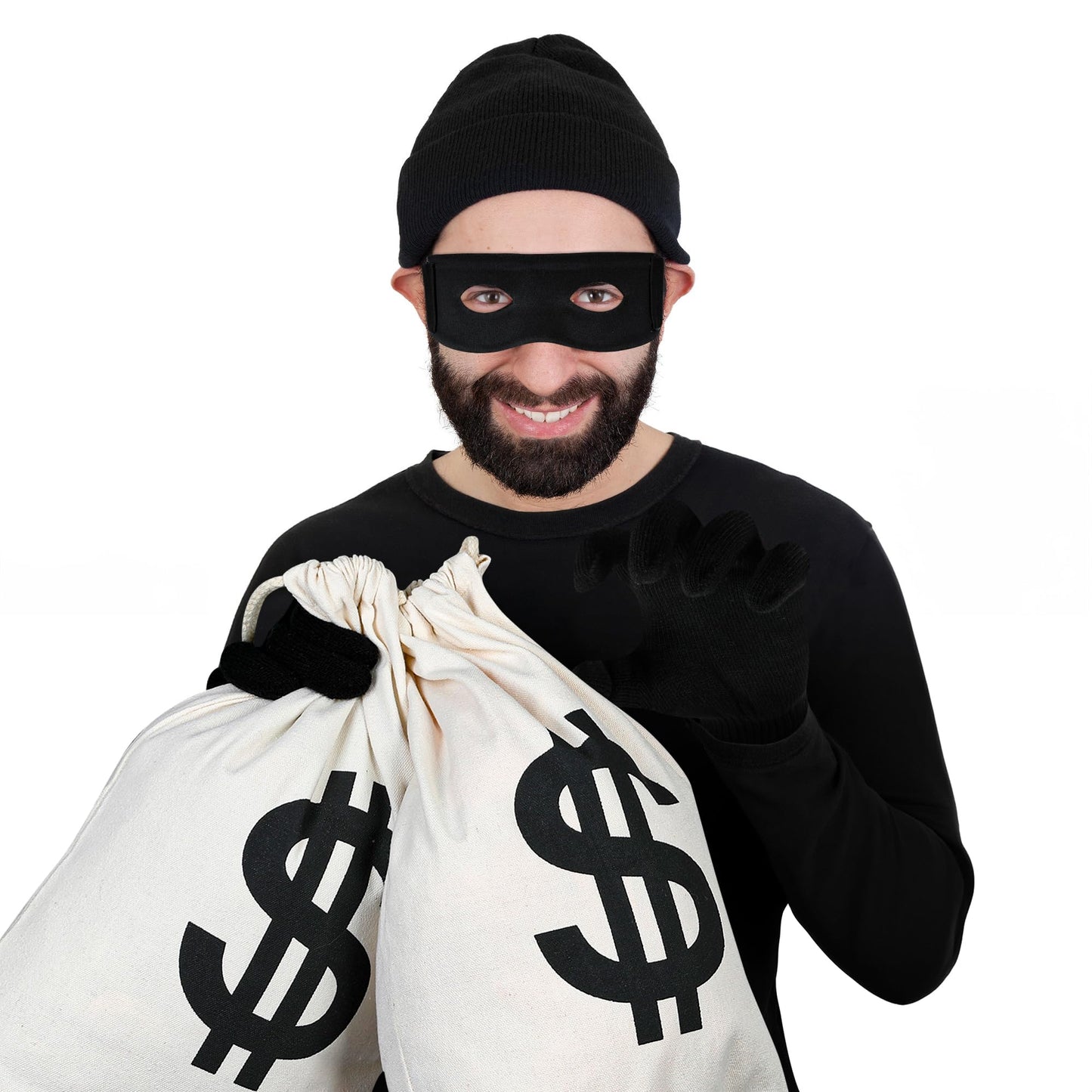 QZYL 8 PCS Robber Costume Set, Thief Cosplay Beanie Cap Gloves Eye Masks Canvas Money Bags for Halloween Burglar Theme Party