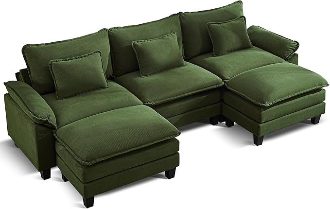 URRED Cloud Couch Modular Sectional Sofa, 122" Modern U Shaped Deep Seat Sofa with 2 Ottomans & Pillows, Ultra Comfy Corduroy Couches for Living Room, Bedroom or Apartment, Green