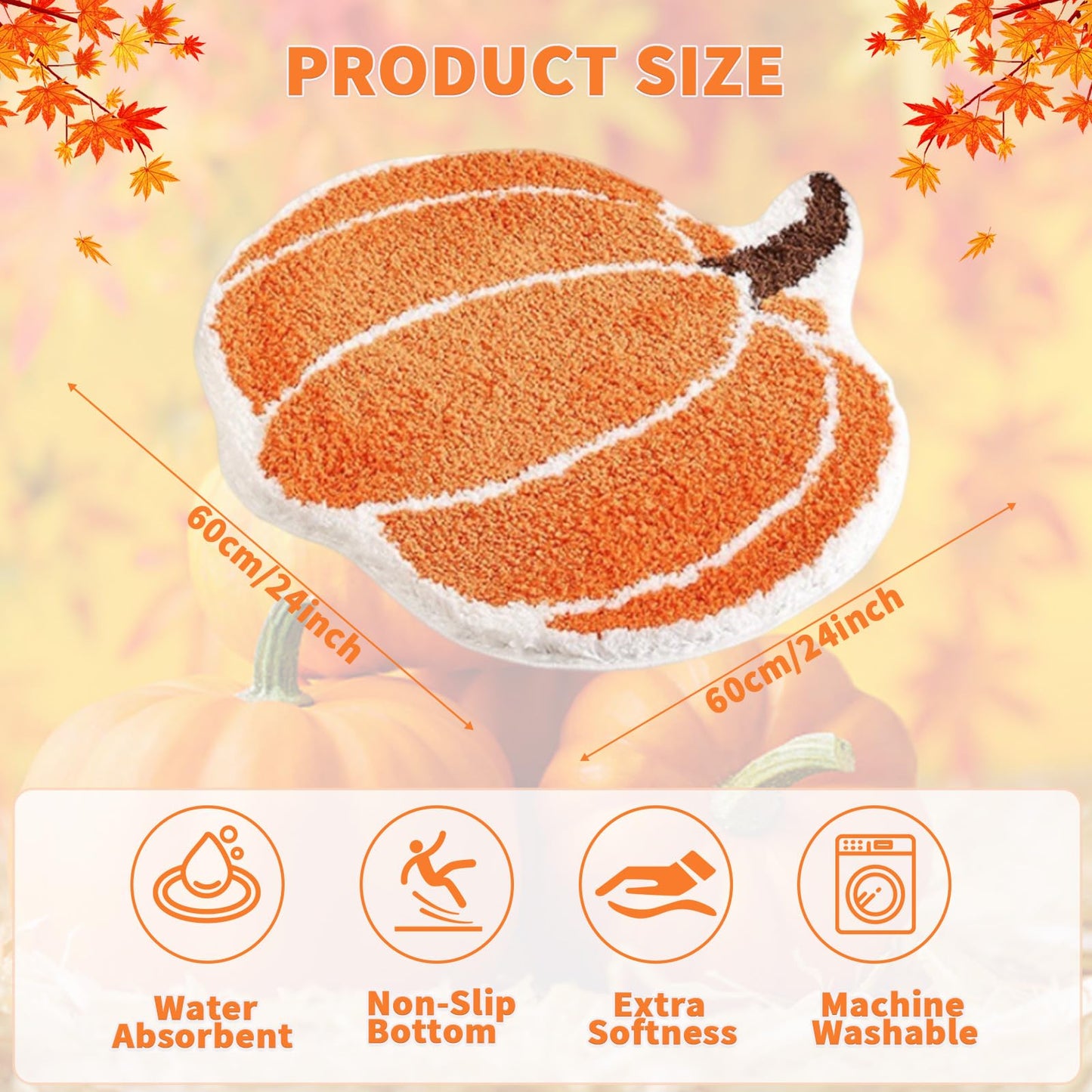 Cute Bath Mat, Pumpkin Bath Mat Halloween Bathroom Decor Mat, Extra Soft Fluffy Absorbent Non-slip Bathtub Mat, Machine Washable Funny Pumpkin Shape Bath Rug for Shower Bedroom Door 24x24IN (Orange)