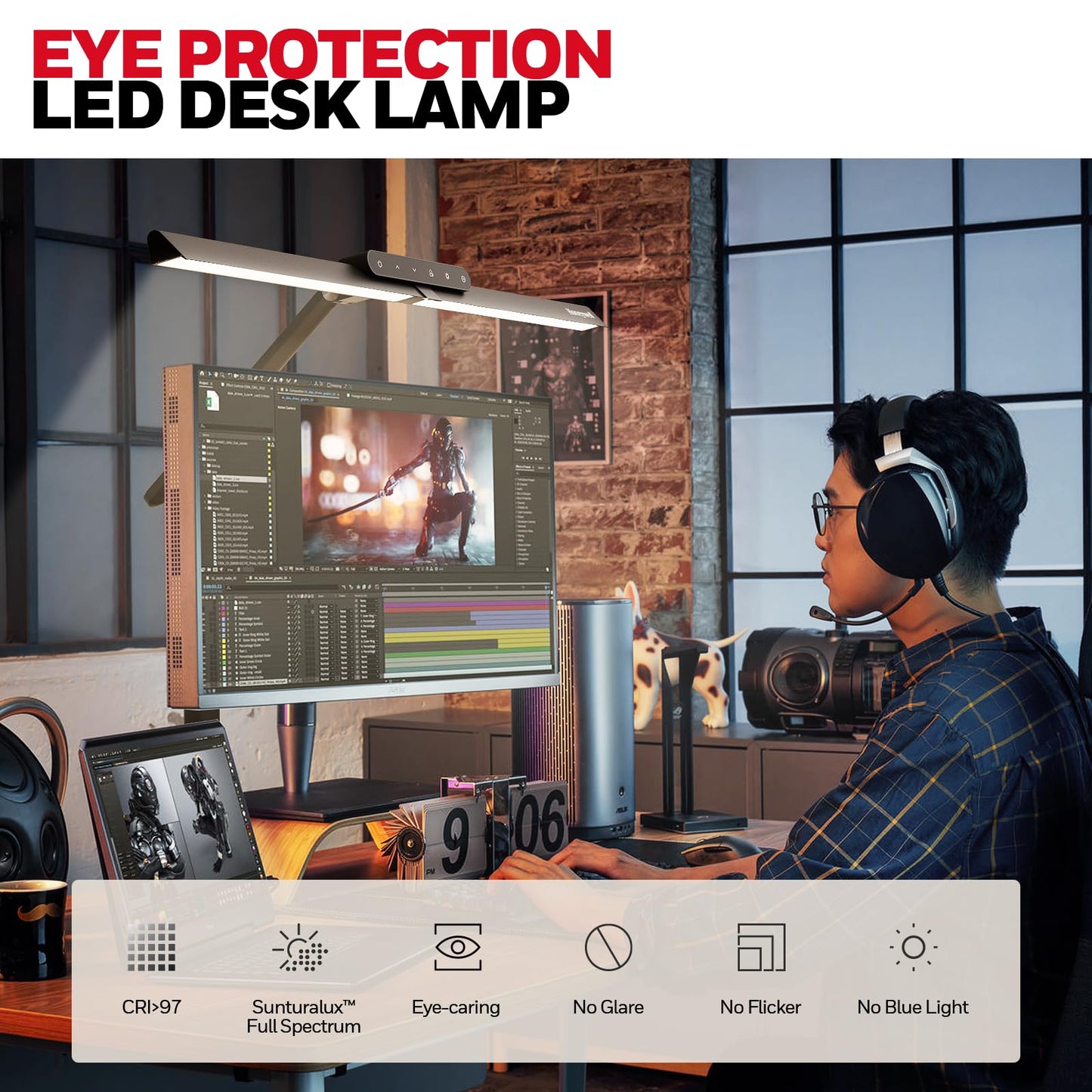 Honeywell LED Desk Lamp with Clamp - HJ1 Sunturalux Eye-Caring Clip on Lights for Home Office, 1200LM Clamp Lamp 4 Color Modes Stepless Dimming Task Desk Light for Working Black