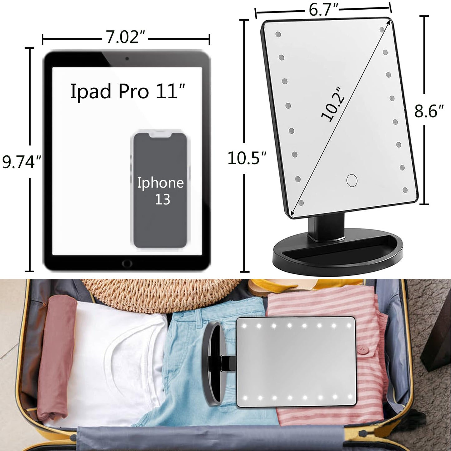 KOOKIN Lighted Vanity Makeup Mirror Led Lights 180 Degree Rotation Lighted Mirror Touch Screen Adjusted Brightness Desk Mirrors