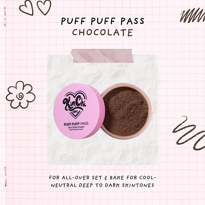KimChiChic Beauty Puff Puff Pass Set and Bake Setting Powder for Makeup, Extra Fluffy Loose Face Powder Poof, Soft Natural Face Makeup for Uneven Skin Tone, 08 Chocolate