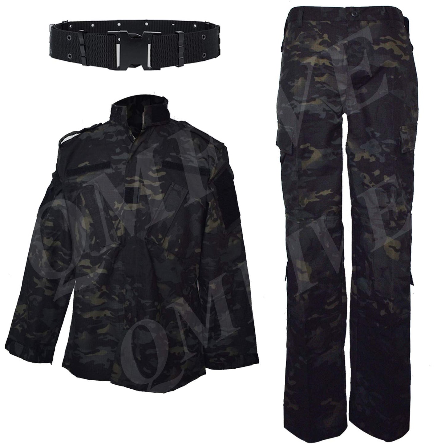 Tactical Suit Men’s Camouflage Combat BDU Jacket Shirt & Trousers Uniform Camo Suit Belt CS Game Military Paintball Airsoft (XL, MCBK)