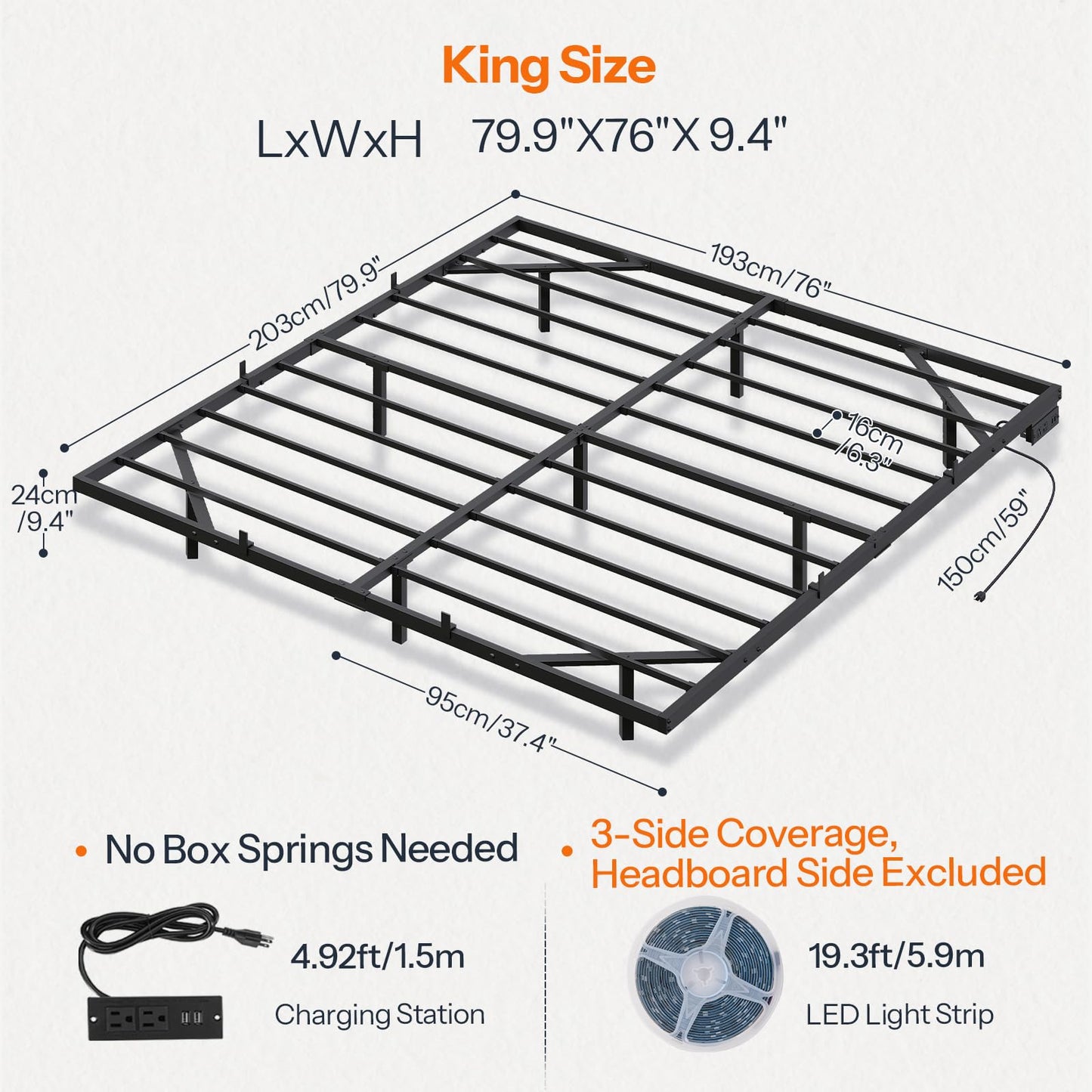 HOOBRO Floating Bed Frame King Size, Bed Frame with Charging Station and LED Lights, Industrial Style Metal Platform King Bed, Soundless, No Box Springs Needed, Black