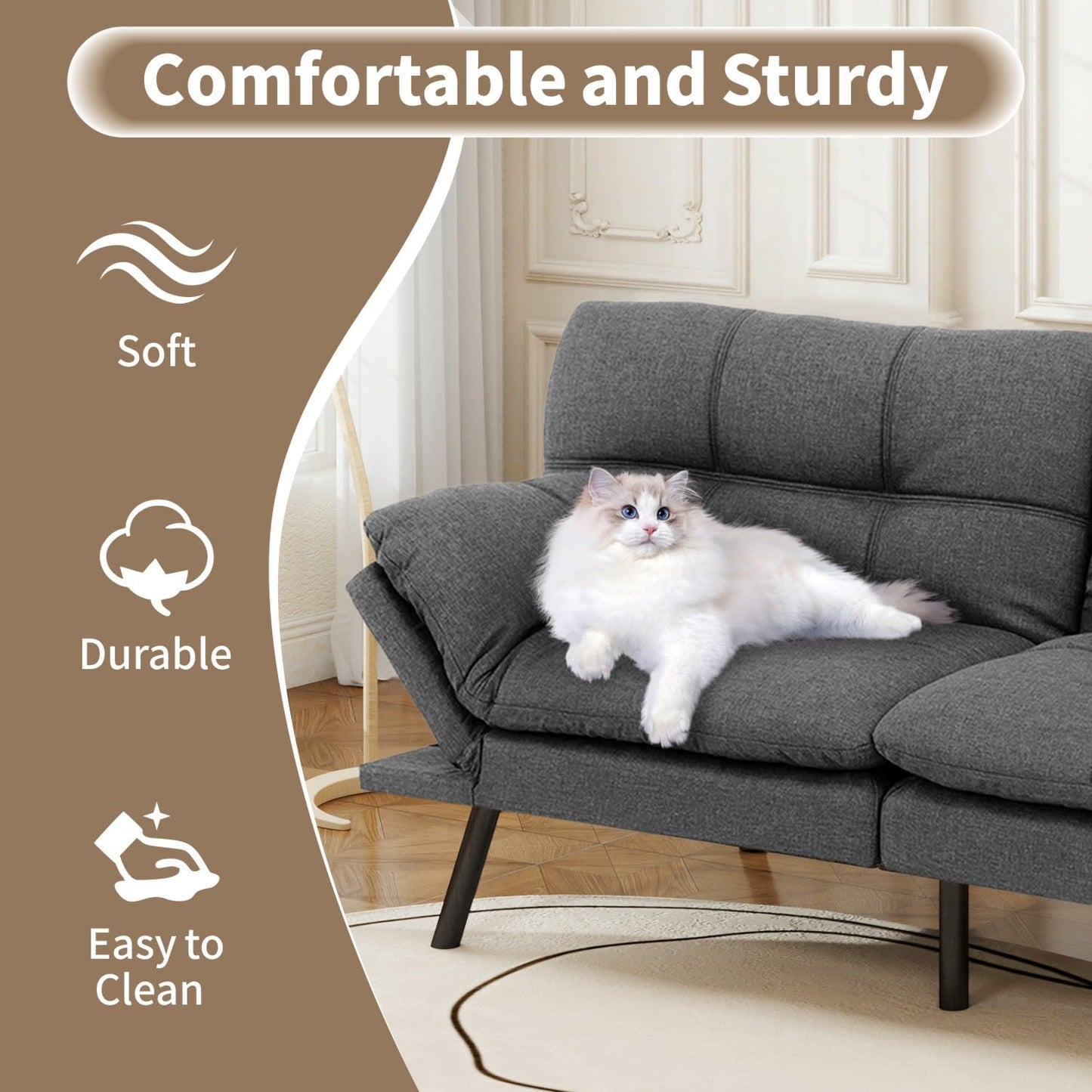 Opoiar 71" Convertible Futon Sofa Bed & Sleeper Couch - Memory Foam Loveseat Sofa with Adjustable Backrest/Armrest for Small Space, Apartment, Living Room - Grey