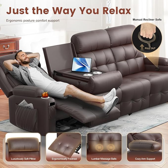 Aotolo Recliner Sofa, Massage Reclining Sofa 4 Seater Sets Heavy Weight Capacity, RV Loveseat Couch Clearance with Flip Back Console, Storage, Cup Holders, Wall Hugger Reclining Couch for Living Room
