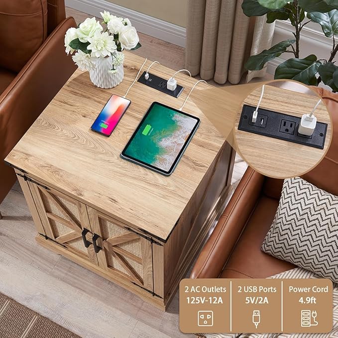 Barnyatoh Farmhouse Boho End Table with Charging Station, 24" Large Side Table with Rattan Barn Door, Rustic Wood Square Nightstand Bedside Table with Storage for Living Room, Bedroom, Natural 2-Pack