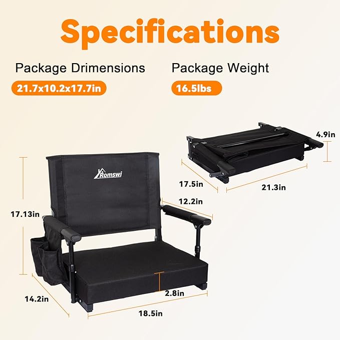 Romswi 2-Pack Stadium Seats with Back Support & Armrests, Lightweight Bleacher Chairs with 2 Cup Holders, Portable for Football Games & Events, Black
