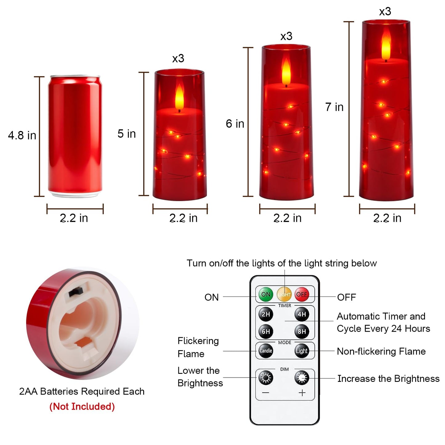 Raycare Flameless Candle with Remote Timer – 9 Flickering Acrylic Battery Operated LED Pillar Candles with Embedded Star String for Valentine's Day, Home Decor, and as a Gift (Red)