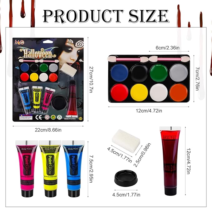 8 Colors Face & Body Paint Palette Kit + 1 Black Cream Face Body Paint + Washable Fake Blood + 3 UV Light Colors, Non-Toxic Hypoallergenic for Halloween SFX Makeup Cosplay Joker Costume Parties