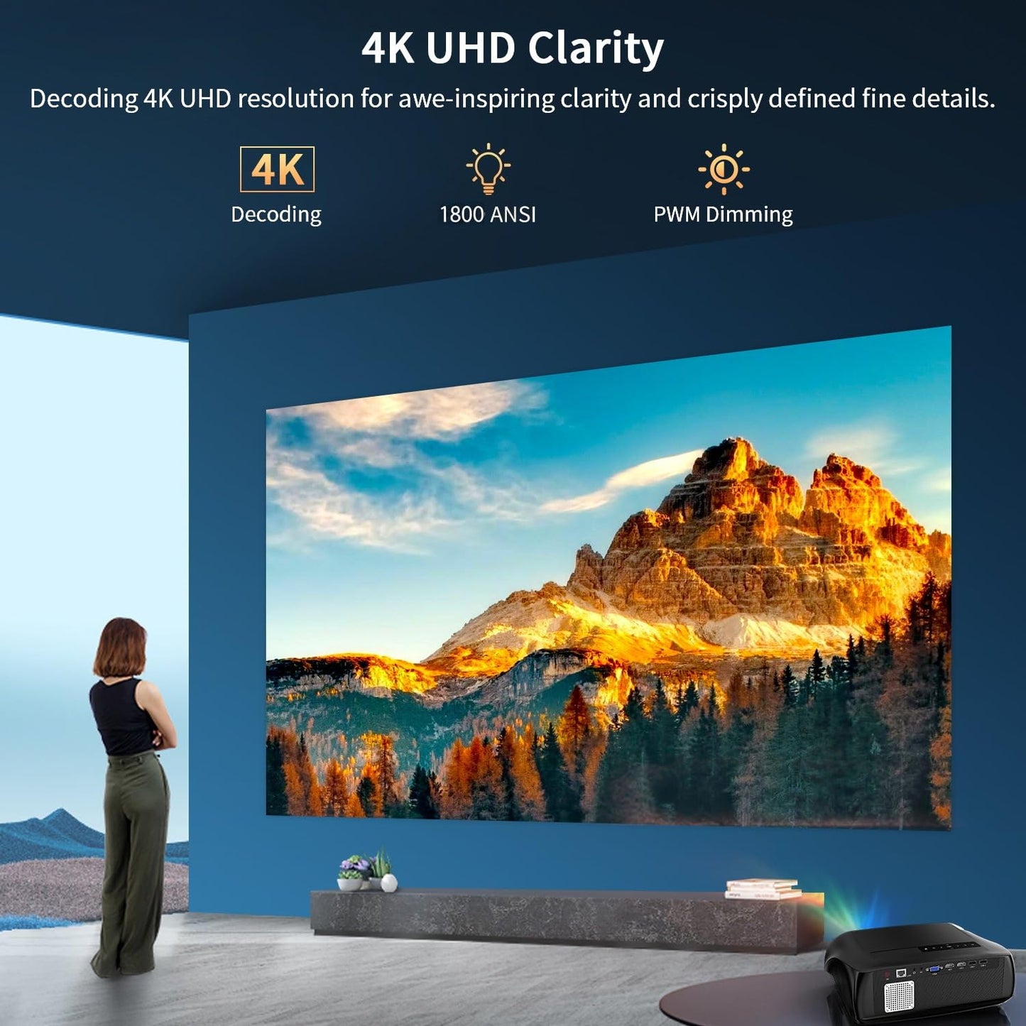 Ultra Bright 1800ANSI Lumens Smart Projector, NFC Casting Wireless, WiFi 6, 4K-Decoding HDR10+, Android TV, Two-Way Bluetooth, DSP Stereo, Daylight Home Theater/ Low Latency Gaming/ Backyard Movie